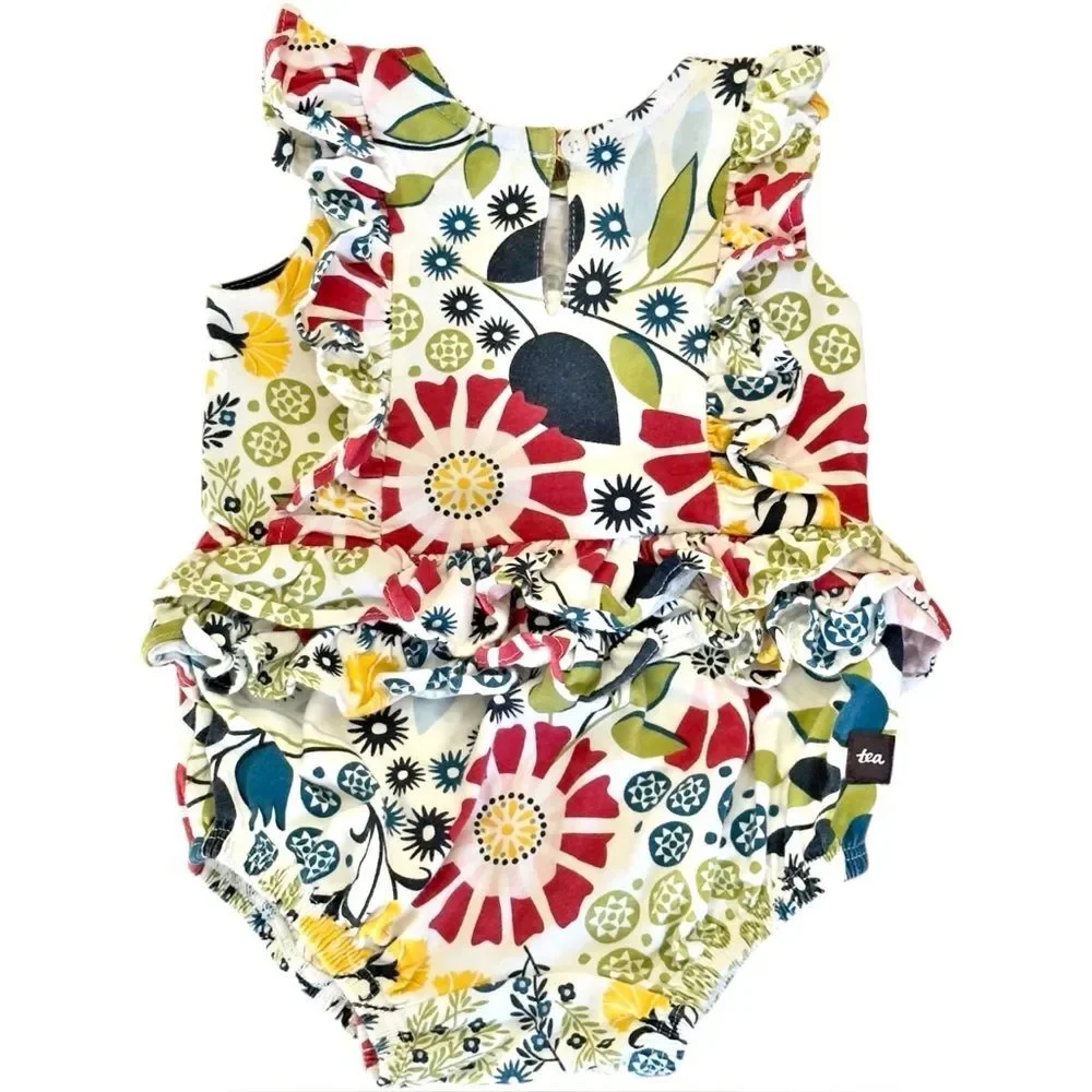 Tea Collection Baby Girls Colorful Cotton One Piece Romper Bubble. 0-3 Months.
